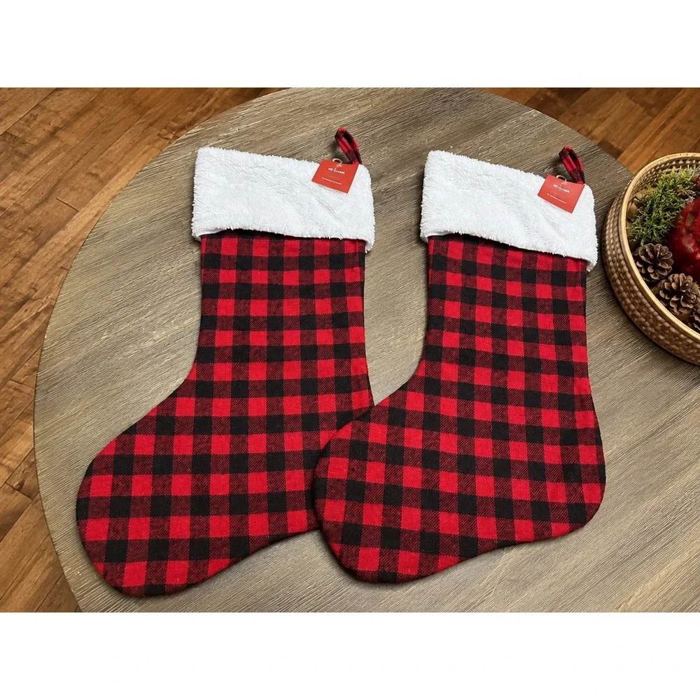Set of 2 Red Black Buffalo Plaid Christmas Stockings White Sherpa Cuff New